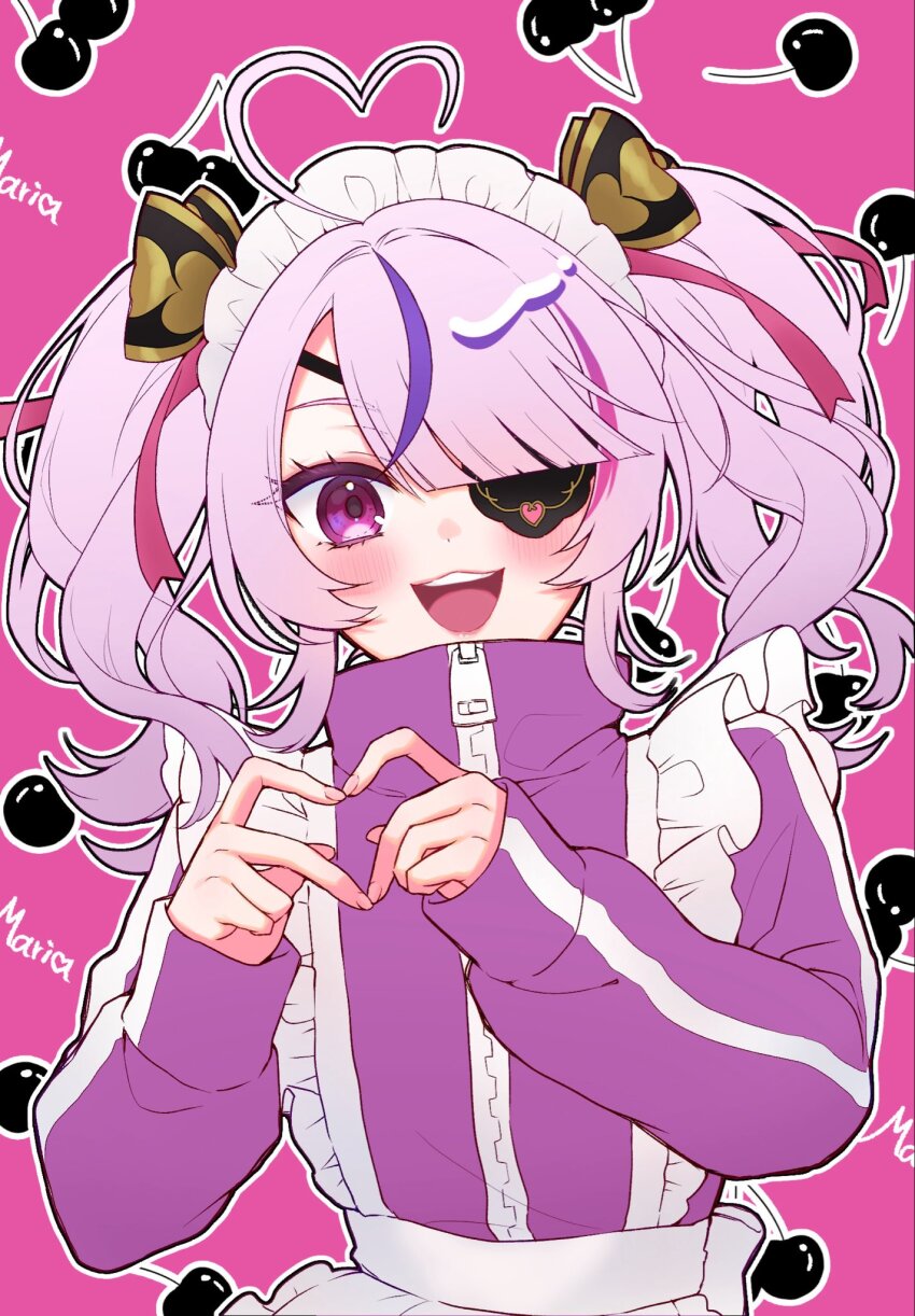 1girl, 440(yoshio), :d, ahoge, blunt_bangs, blush, bow, character_name