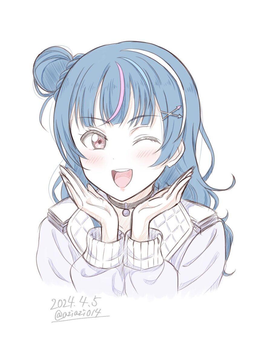 1girl, argyle_clothes, aziazi014, black_choker, blue_hair, blush, braid, braided_bun