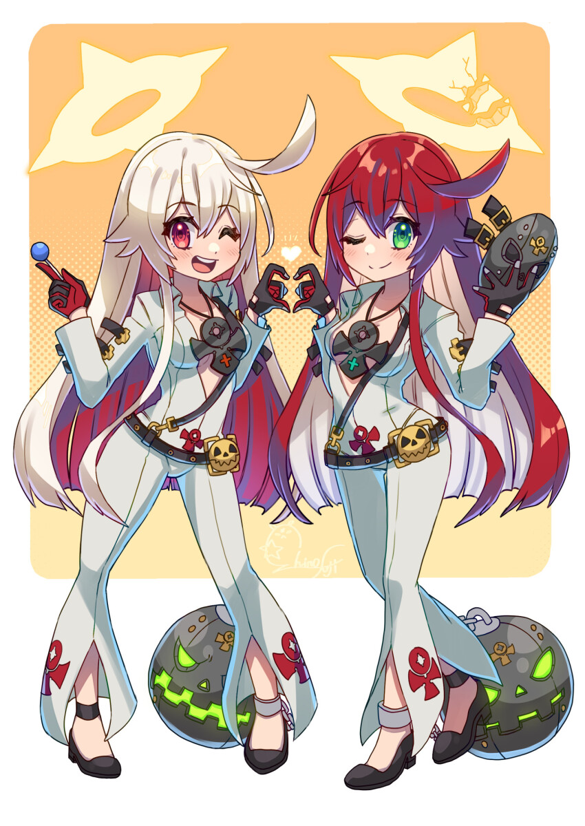 2girls, ankh_necklace, ankh_print, ball_and_chain_(weapon), ball_and_chain_restraint, bell-bottoms, belt, black_gloves