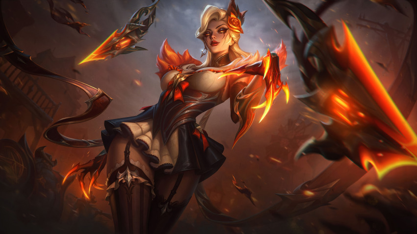 1girl, absurdres, artist_request, claw_(weapon), claws, copyright_request, crystal_tail, dress, evelynn_(league_of_legends), eyeshadow, flower, high_noon_(league_of_legends), high_noon_evelynn, high_noon_evelynn_(league_of_legends), highres, lashers, league_of_legends, makeup, rose, tail, thighhighs, tinted_eyewear, weapon, white_hair