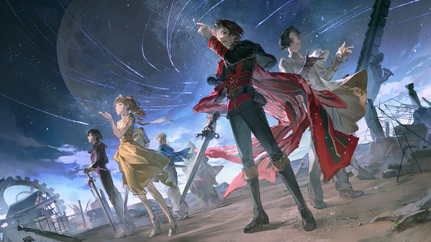 1girl, 5boys, absurdres, baggy_pants, bandaged_arm, bandaged_neck, bandages, belt, black_belt, black_footwear, black_hair, black_jacket, black_pants, blonde_hair, blue_cape, boots, brown_hair, cape, cloud, crown, dress, dutch_angle, facial_mark, forehead_mark, from_behind, gears, gira_husty, high_ponytail, highres, himeno_ran, holding, holding_sword, holding_weapon, index_finger_raised, jacket, japanese_clothes, jeramie_idmonarak_ne_brasieri, kaguragi_dybowskii, looking_up, moon, multicolored_hair, multiple_boys, ohsama_sentai_king-ohger, open_hands, pants, planted, planted_sword, planted_weapon, ponytail, purple_sash, red_cape, rita_kanisuka, ruins, sash, scenery, short_hair, shuimian_touzhi, sky, slippers, standing, star_(sky), starry_sky, streaked_hair, super_sentai, sword, topknot, weapon, white_jacket, white_pants, wide_shot, wreckage, yanma_gast, yellow_dress