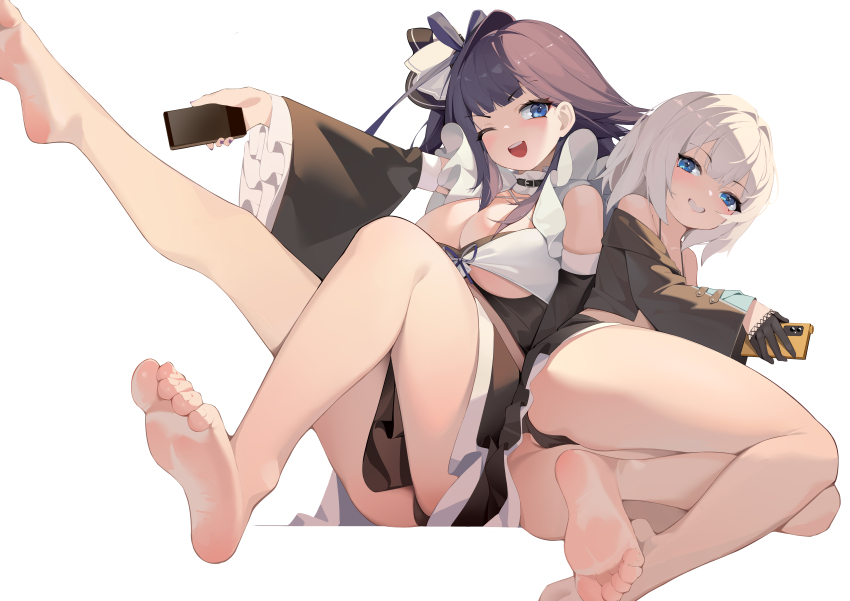 2girls, absurdres, ass, azur_lane, bare_shoulders, barefoot, black_dress, black_hair, black_panties, black_ribbon, black_skirt, blue_eyes, breasts, cellphone, choker, cleavage, commentary, criss-cross_halter, detached_sleeves, dress, feet, feet_up, foot_focus, frilled_choker, frilled_sleeves, frills, gloves, grey_hair, grin, hair_ribbon, half_gloves, halterneck, highres, holding, holding_phone, jade_(a_good_girl's_magic)_(azur_lane), jade_(azur_lane), large_breasts, liverpool_(azur_lane), long_sleeves, looking_at_viewer, multiple_girls, nail_polish, official_alternate_costume, one_eye_closed, open_mouth, panties, phone, purple_nails, ribbon, simple_background, skirt, smartphone, smile, soles, sp_(8454), teeth, thighs, toes, underboob, underwear, v-shaped_eyebrows, white_background, wide_sleeves