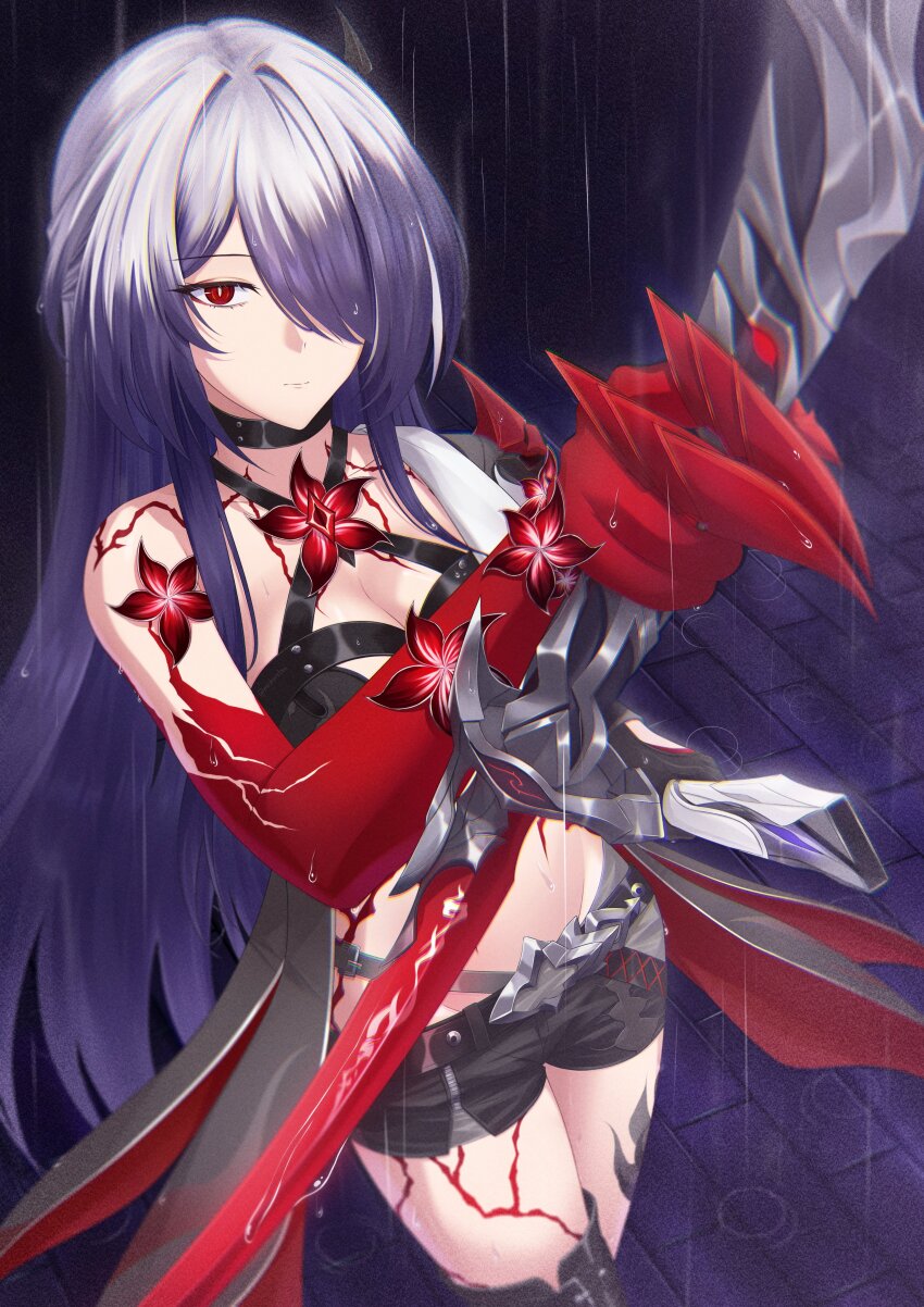 1girl, absurdres, acheron_(honkai:_star_rail), arm_up, black_choker, black_coat, black_shorts, body_markings