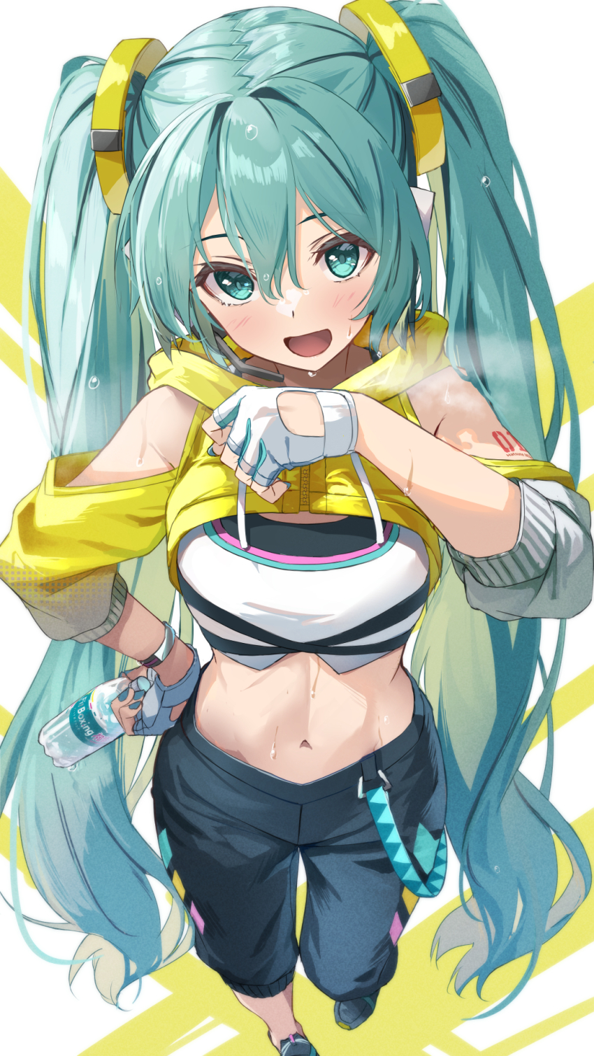 1girl, aqua_belt, aqua_eyes, belt, black_shoes, daidou_(demitasse), fitness_boxing, fitness_boxing_feat._hatsune_miku:_isshoni_exercise