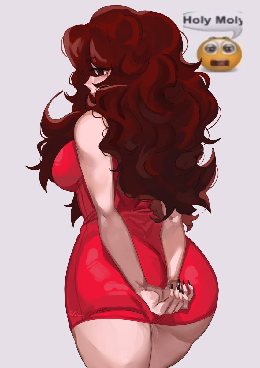 1girl, absurdres, animification, arms_behind_back, ass, breasts, brown_eyes, brown_hair