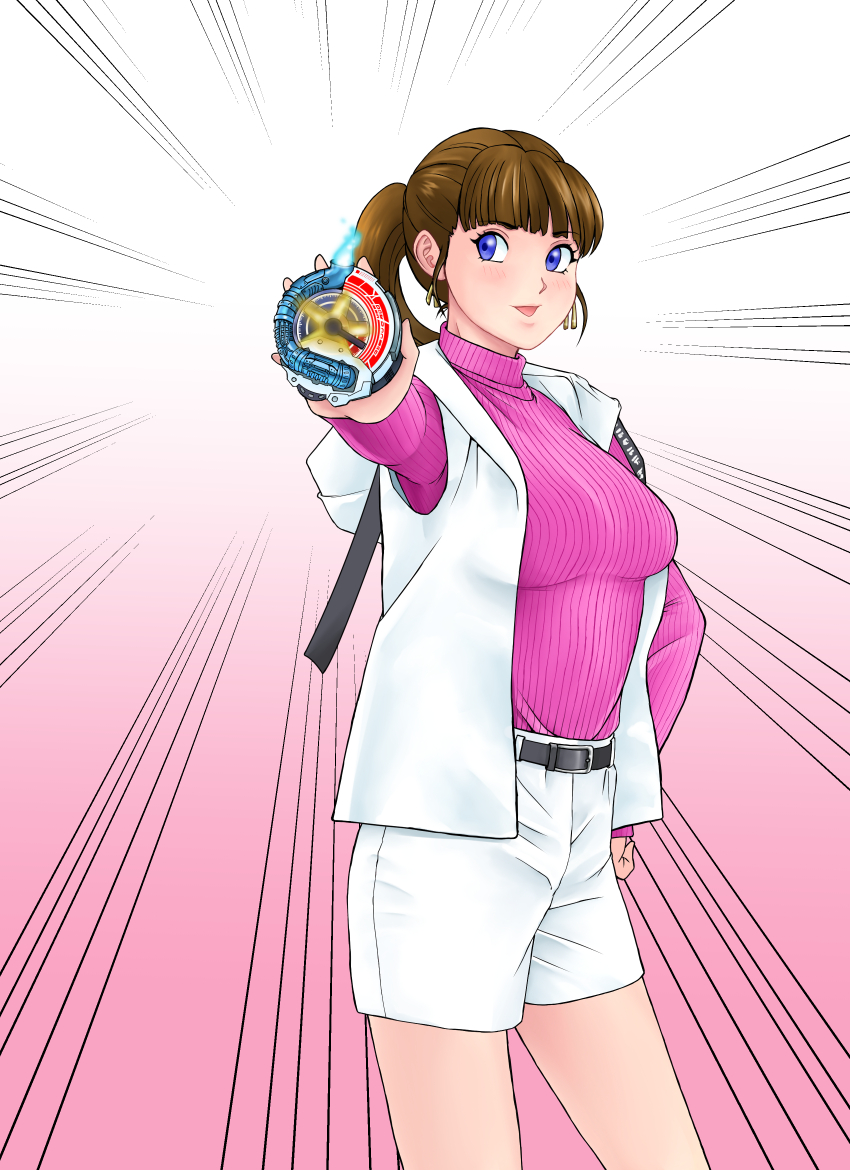 1girl, bakuage_sentai_boonboomger, blue_eyes, brown_hair, hood, hoodie, iwa, ponytail