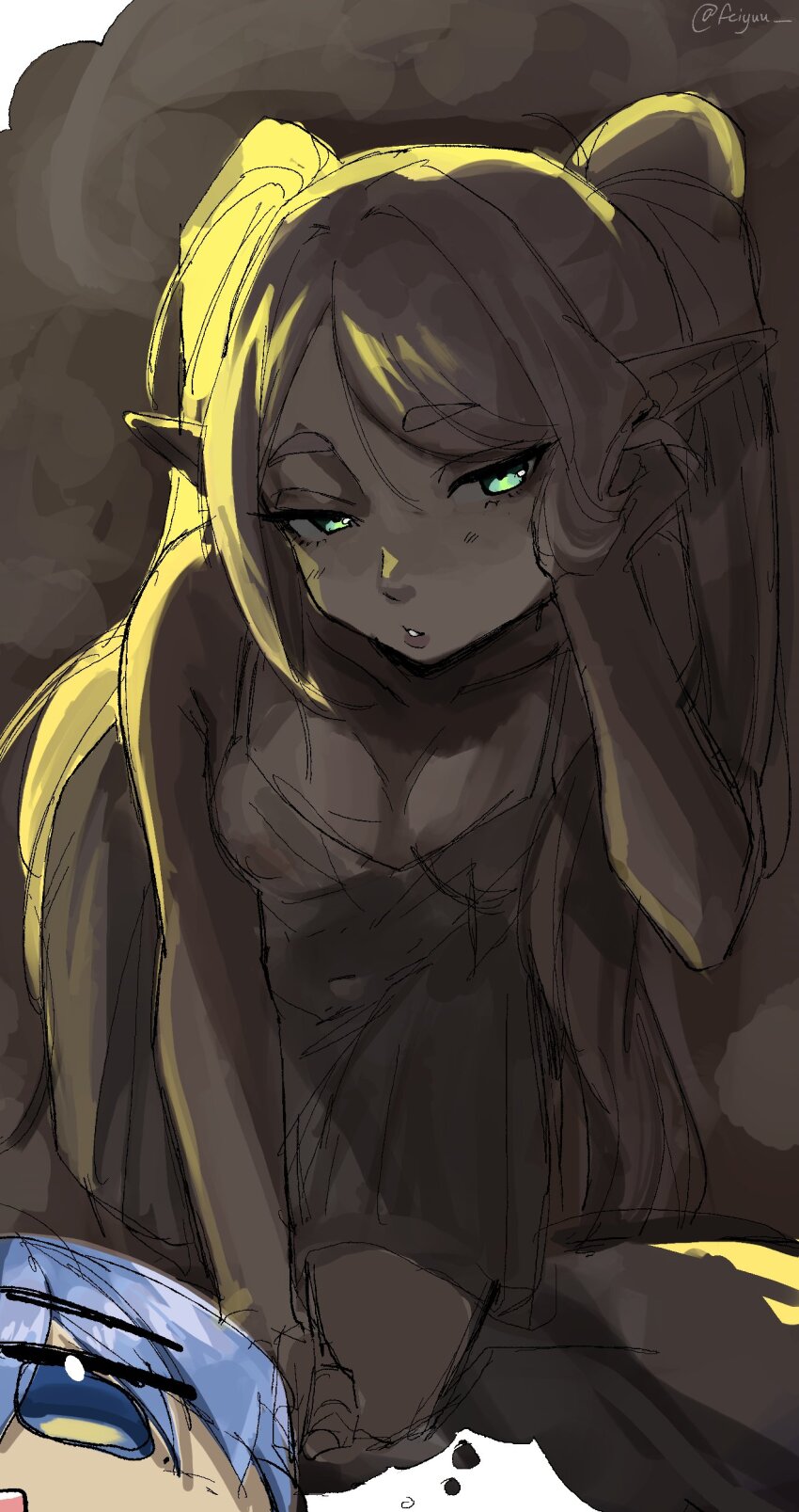 1boy, 1girl, absurdres, babydoll, blue_eyes, blue_hair, chibi, chibi_inset