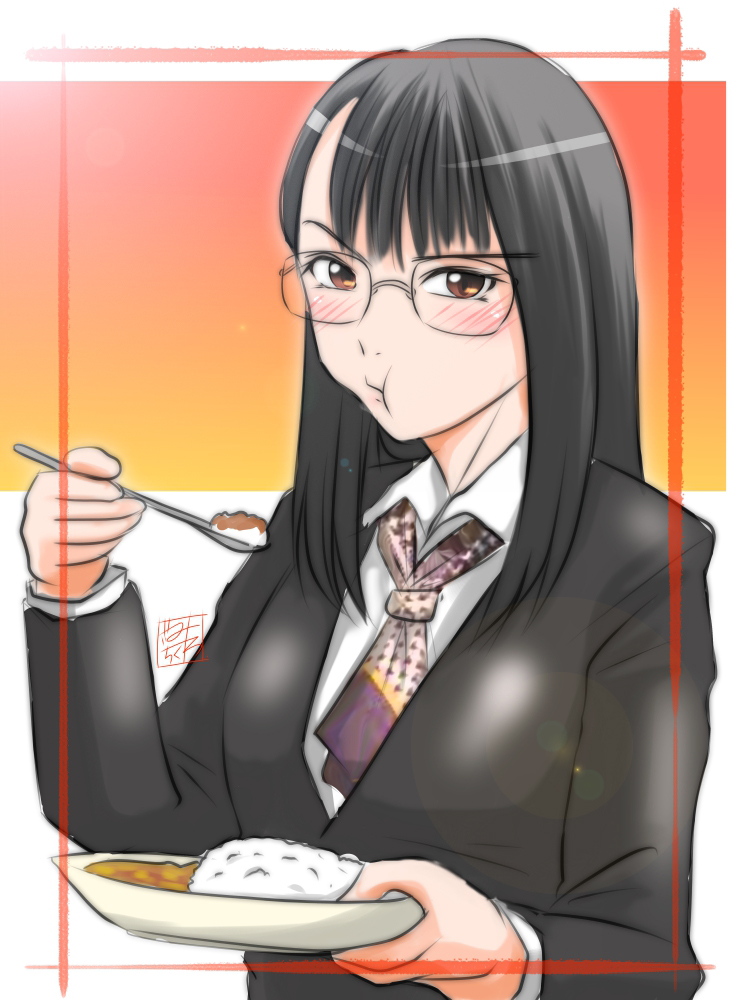 1girl, bakuage_sentai_boonboomger, black_hair, brown_eyes, brown_hair, chikuwa_chicken_fillet, curry, curry_rice