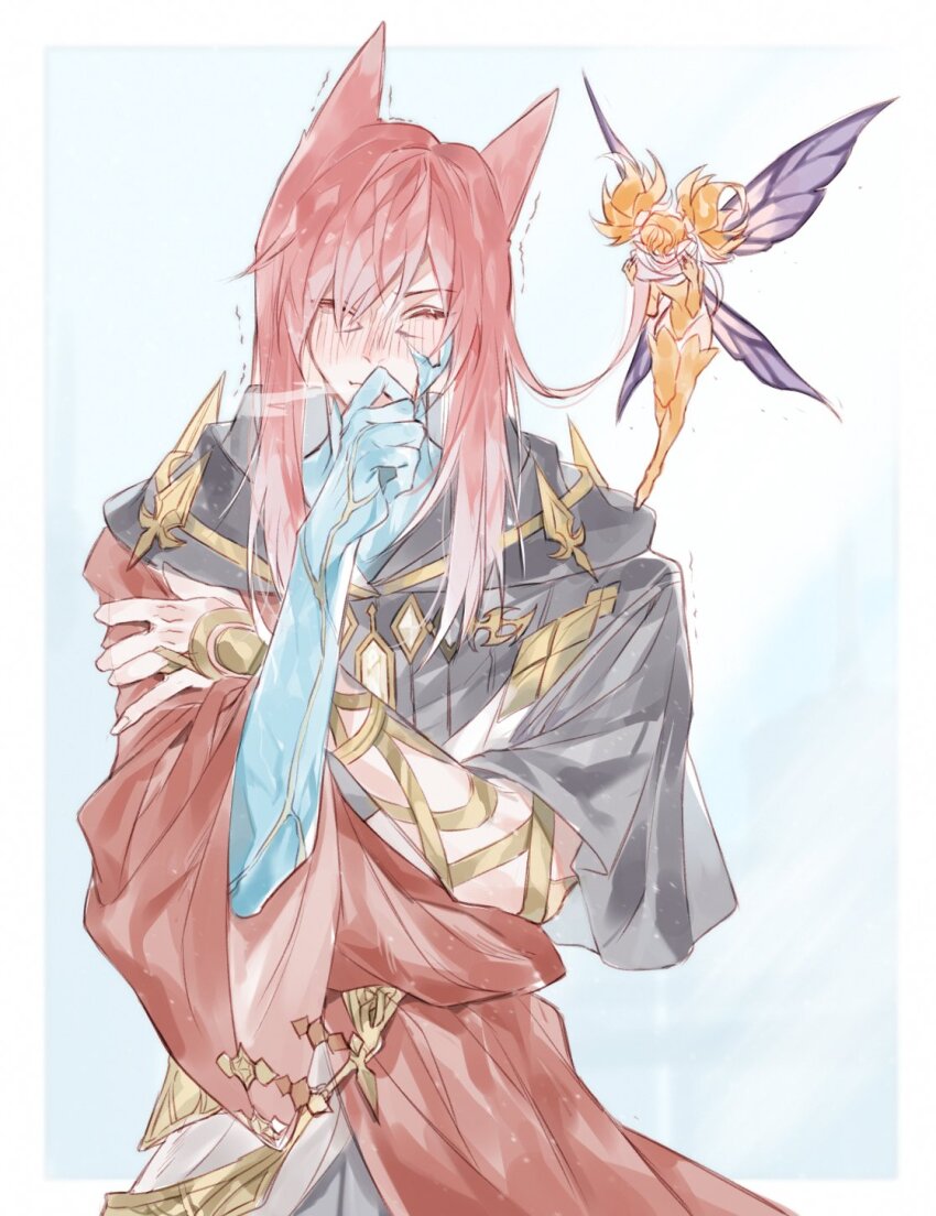 1boy, 1other, alternate_hairstyle, animal_ears, blush, cat_ears, cloak, closed_mouth