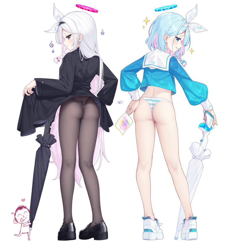 1boy, 2girls, :q, absurdres, afterimage, arona_(blue_archive), ass, bag, black_footwear, blue_archive, blue_hair, blue_shirt, blush, braid, chibi, closed_mouth, clothes_lift, coat_lift, commentary_request, cropped_shirt, doodle_sensei_(blue_archive), from_behind, full_body, grey_eyes, hairband, halo, highres, holding, holding_paper, holding_umbrella, kneepits, licking, licking_leg, lifting_own_clothes, long_hair, long_sleeves, looking_at_viewer, looking_back, median_furrow, micro_panties, multicolored_hair, multiple_girls, neps-l, no_pants, panties, panties_under_pantyhose, pantyhose, paper, pink_hair, plana_(blue_archive), profile, school_uniform, sensei_(blue_archive), serafuku, shirt, shoes, sideways_glance, simple_background, single_braid, smile, sneakers, sparkle, standing, striped_clothes, striped_panties, tongue, tongue_out, two-tone_hair, umbrella, underwear, very_long_hair, white_background, white_hair, white_hairband