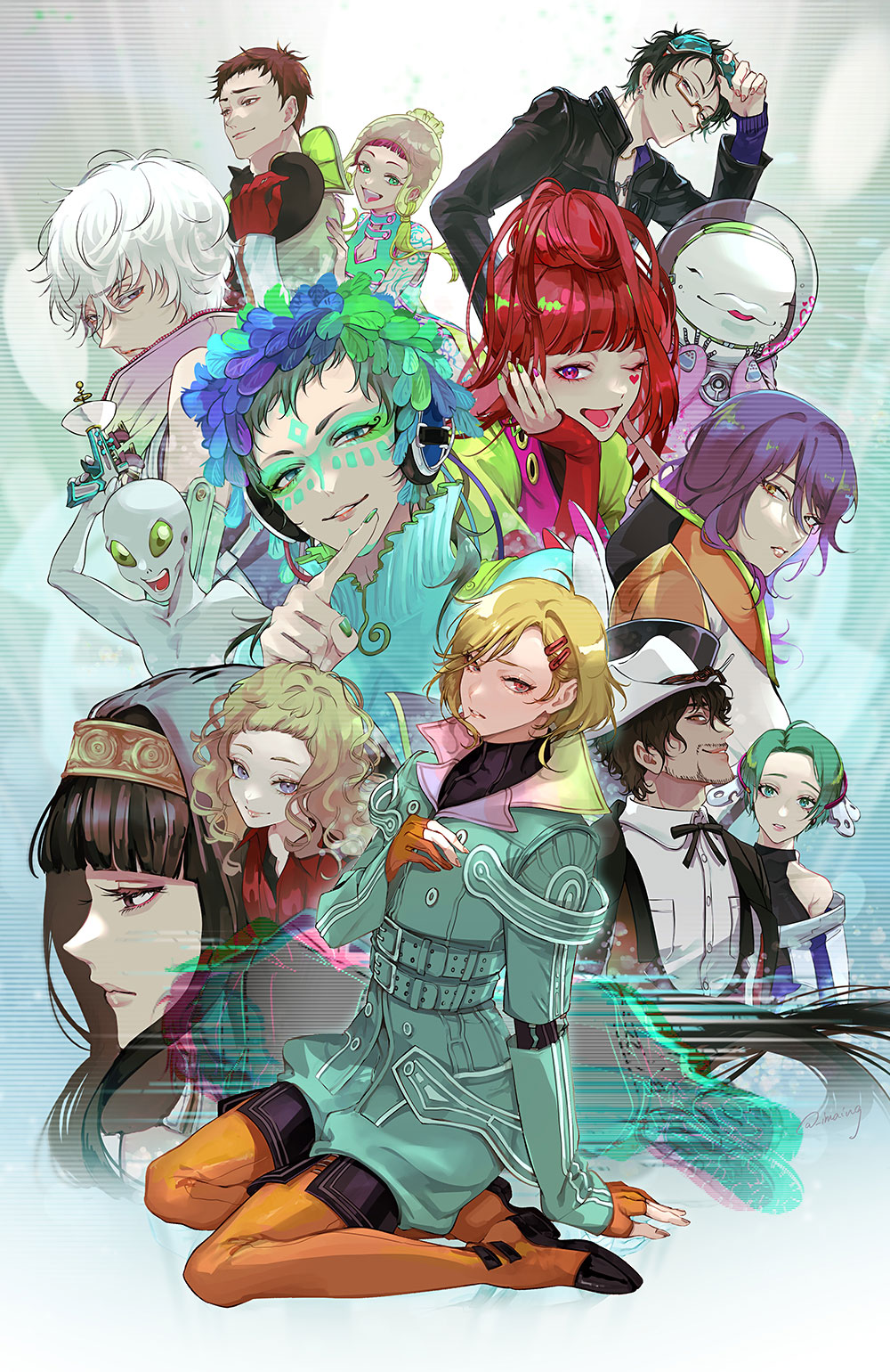 2others, 5boys, 6+girls, beluga_whale, black_hair, blonde_hair, cat, chipie_(gnosia)