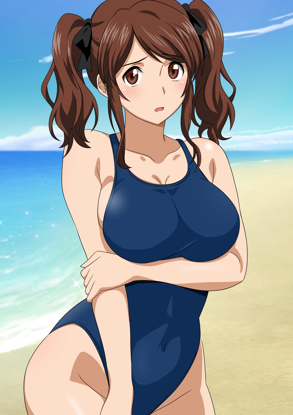 1girl, amagami, beach, black_ribbon, blue_one-piece_swimsuit, blue_sky, breasts, brown_eyes