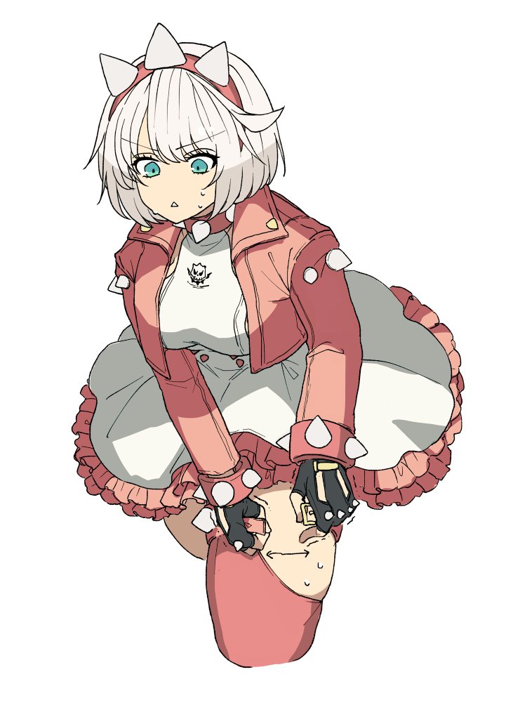 1girl, ahoge, aqua_eyes, bracelet, breasts, collar, dress, ebi_pri_shrimp, elphelt_valentine, guilty_gear, guilty_gear_strive, hairband, huge_ahoge, jacket, jewelry, large_breasts, looking_at_viewer, pink_hairband, pink_jacket, short_hair, spiked_bracelet, spiked_collar, spiked_hairband, spiked_jacket, spikes, thick_thighs, thighs, two-tone_dress, white_hair
