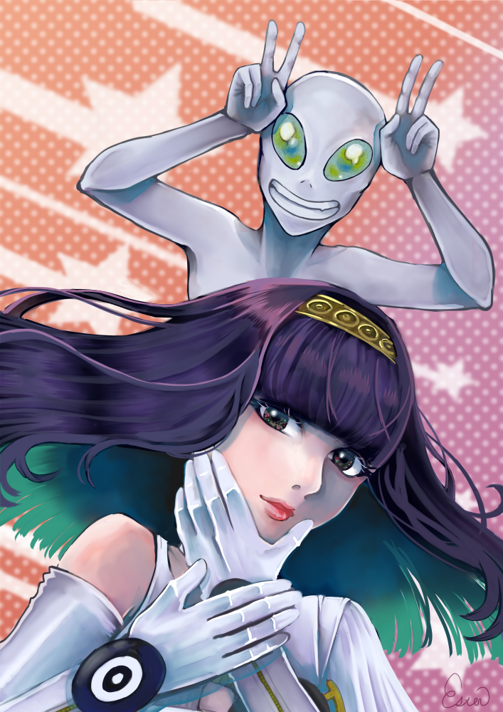 1girl, alien, bald, black_eyes, black_hair, blunt_bangs, colored_skin, dress