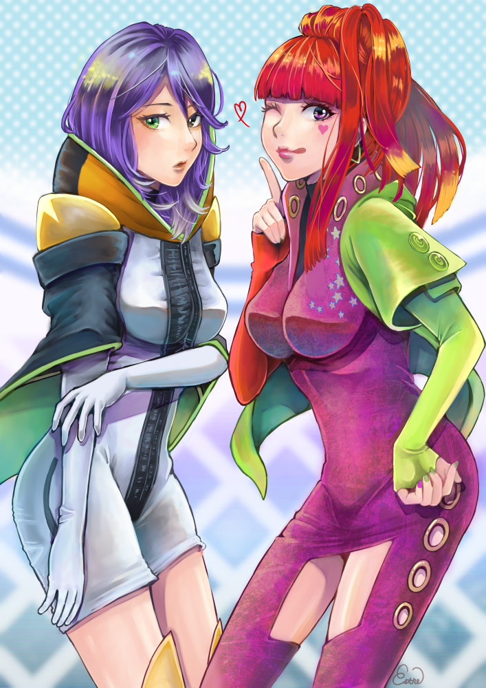 2girls, breasts, gina_(gnosia), gloves, gnosia, hair_between_eyes, heart, heterochromia