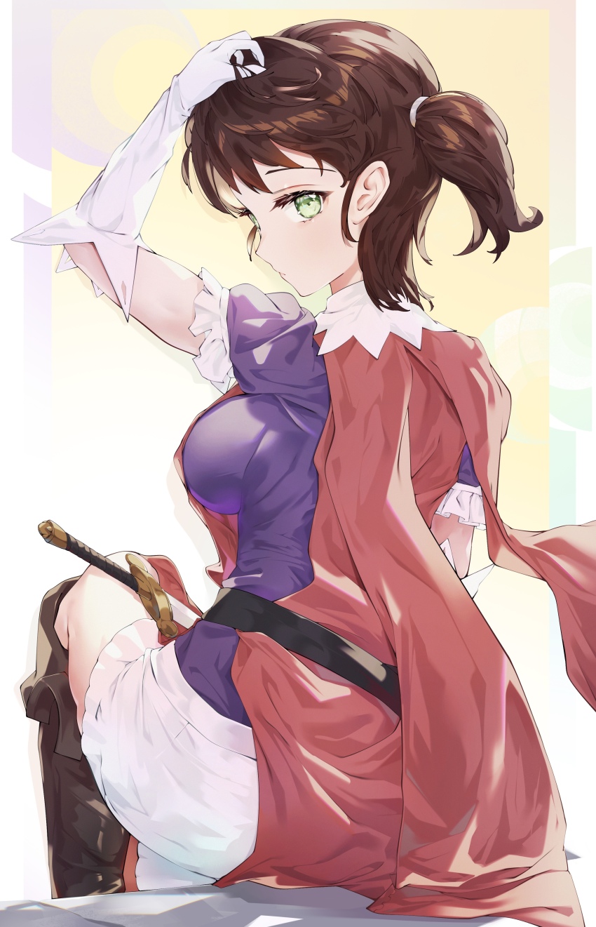 1girl, absurdres, arm_up, belt, black_belt, breasts, brown_hair, gloves