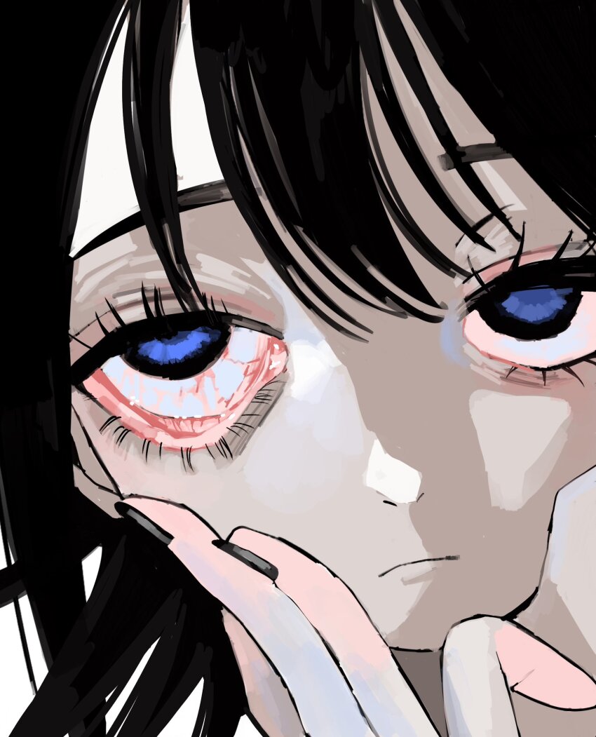 1girl, black_hair, black_nails, blue_eyes, close-up, closed_mouth, eyelashes, eyelid_pull