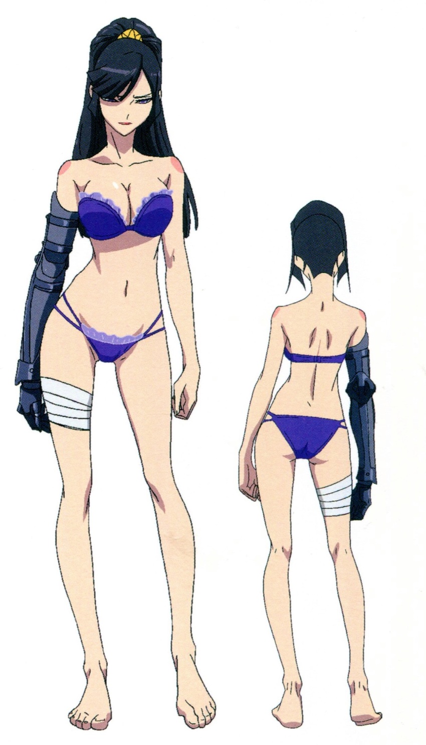 1girl, ass, black_hair, blue_bra, blue_eyes, blue_panties, bra, breasts