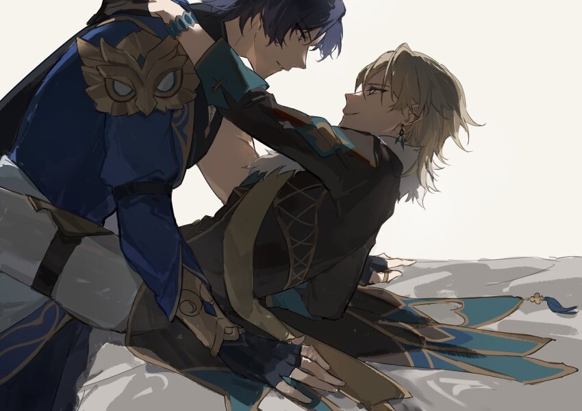 2boys, aventurine_(honkai:_star_rail), bed, bed_sheet, black_gloves, blonde_hair, blue_hair, bracelet