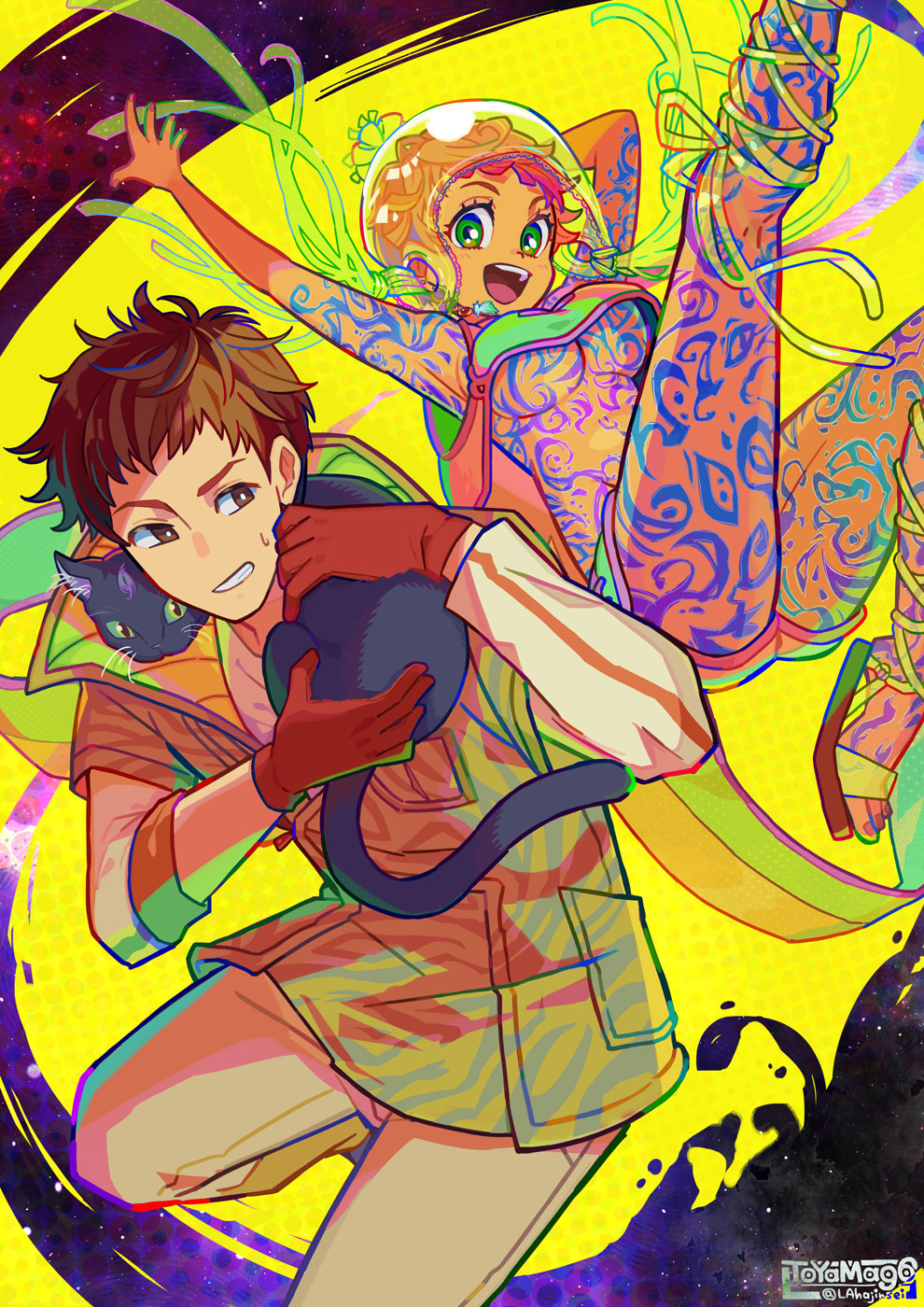 1boy, 1girl, artist_name, black_cat, body_markings, breasts, brown_eyes, cat, chipie_(gnosia), comet_(gnosia), gnosia, green_eyes, hat, highres, large_breasts, looking_at_viewer, open_clothes, pink_hair, sandals, short_hair, sleeveless, smile, tan, toyama96