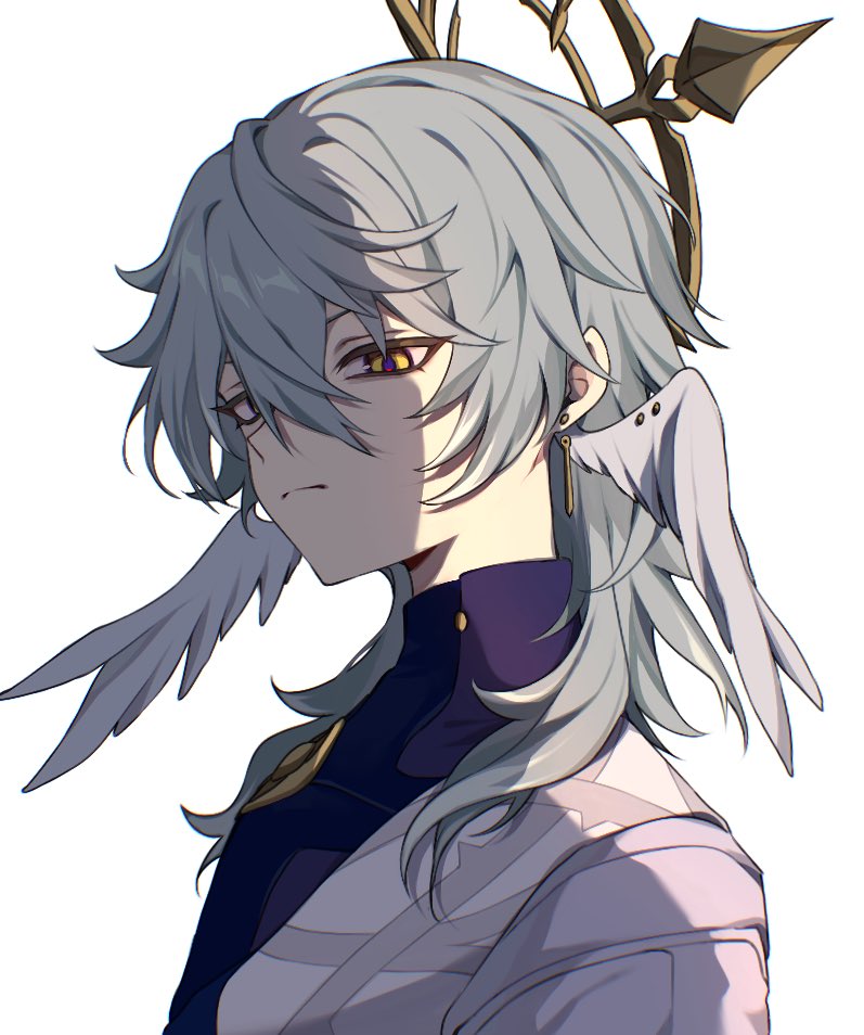 1boy, closed_mouth, earrings, grey_hair, hair_between_eyes, halo, head_wings, honkai:_star_rail