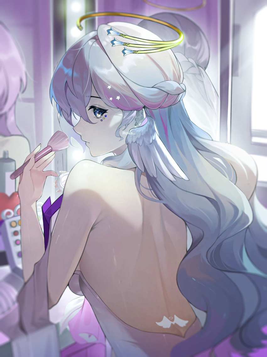 1girl, backless_dress, backless_outfit, bare_back, commentary, dress, grey_eyes, grey_hair, hand_up, head_wings, highres, holding, honkai:_star_rail, honkai_(series), long_hair, looking_at_viewer, mirror, reflection, robin_(honkai:_star_rail), upper_body, very_long_hair, wings, zenata_roka