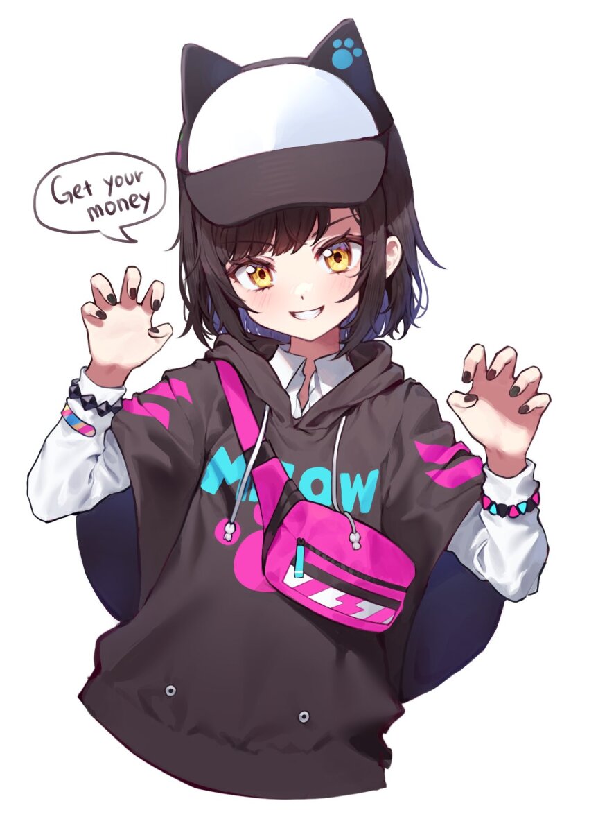 1girl, animal_ears, animal_hat, baseball_cap, black_hair, black_hoodie, black_nails, bracelet
