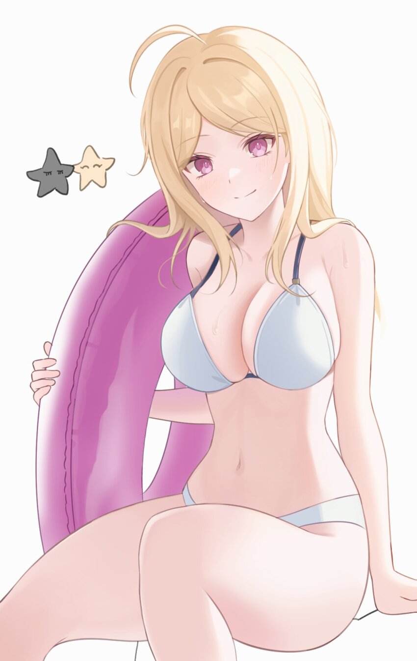 1girl, ahoge, akamatsu_kaede, alternate_costume, bikini, blonde_hair, breasts, danganronpa_(series), danganronpa_v3:_killing_harmony, highres, holding, holding_swim_ring, innertube, keke_(xfxyuio), large_breasts, long_hair, navel, sitting, smile, solo, stomach, swim_ring, swimsuit, white_bikini