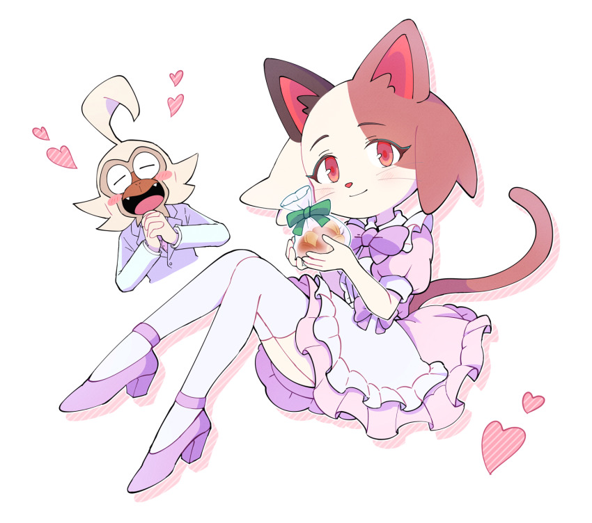 1boy, 1girl, :d, ^_^, ahoge, animal_ears, apron, bag