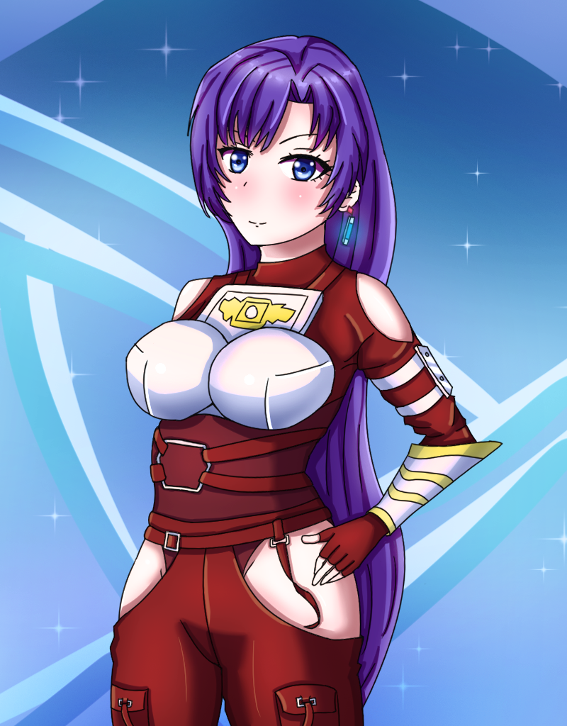 1girl, amane_towa, armor, astelord, blue_eyes, blush, clothing_cutout, hip_vent