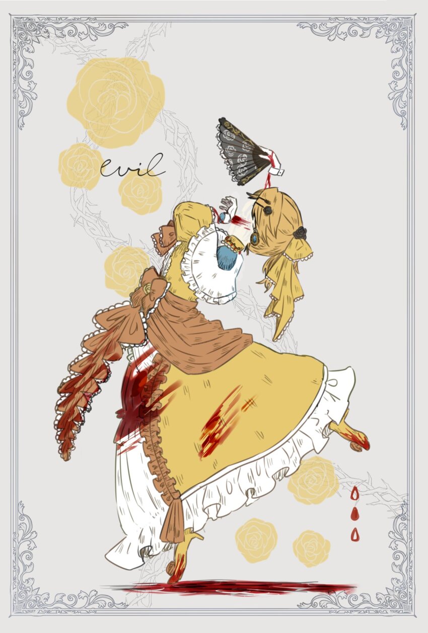 1girl, aku_no_musume_(vocaloid), aristocratic_clothes, arm_up, blonde_hair, blood, blood_on_clothes, border