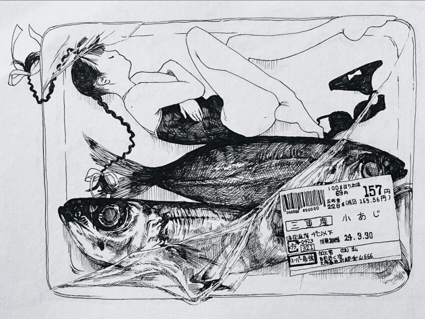 1girl, barefoot, bra, braid, closed_eyes, fish, full_body, greyscale