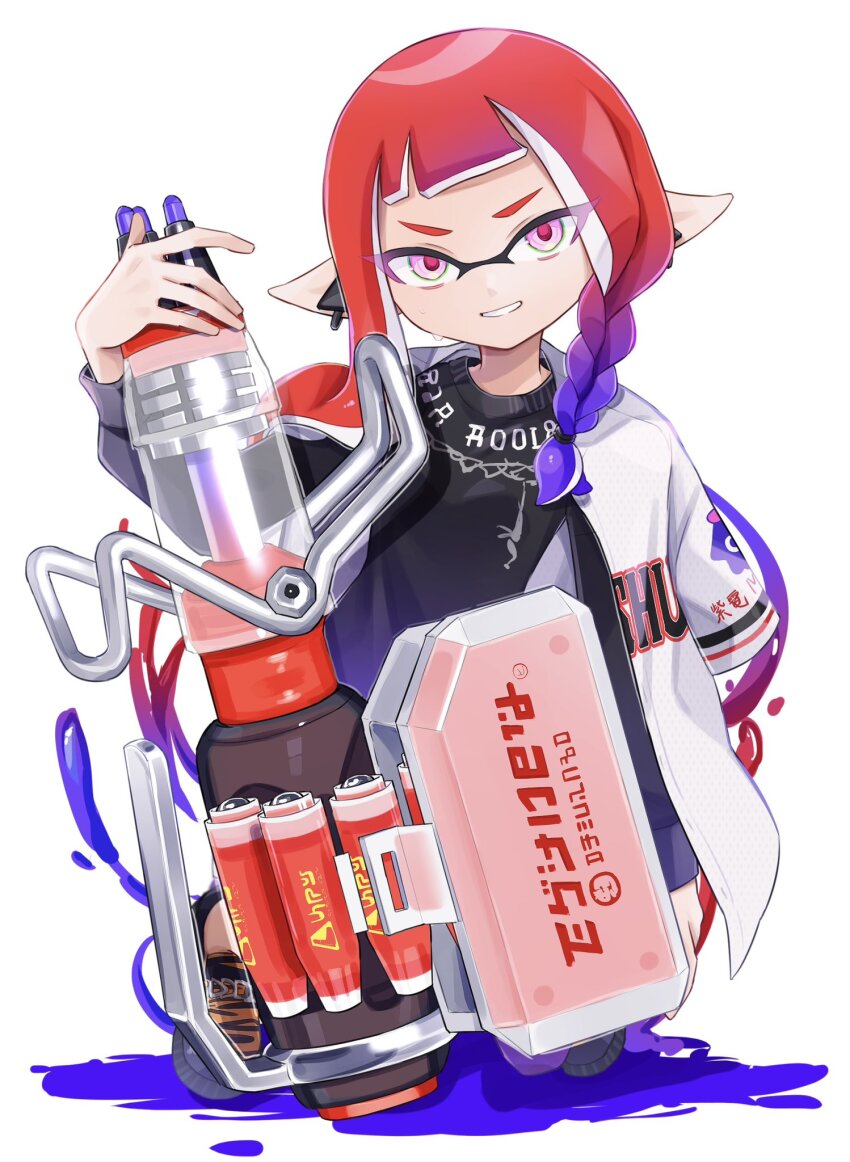 1girl, blue_hair, braid, braided_sidelock, colored_tips, gun, heavy_edit_splatling_(splatoon), highres