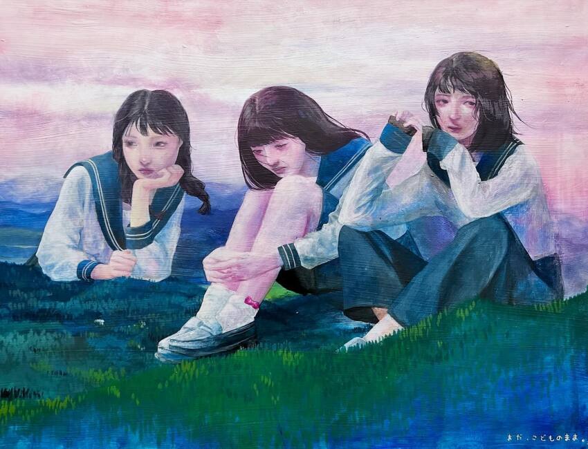3girls, black_hair, blue_pants, blue_sailor_collar, blue_skirt, blunt_bangs, braid, closed_mouth, crossed_ankles, giant, giantess, head_rest, hugging_own_legs, indian_style, kiduki_yo, loafers, long_hair, long_sleeves, looking_at_viewer, looking_to_the_side, low_twin_braids, medium_hair, multiple_girls, original, outdoors, painting_(medium), pants, realistic, sailor_collar, school_uniform, serafuku, shoes, sitting, skirt, socks, traditional_media, twin_braids, white_socks