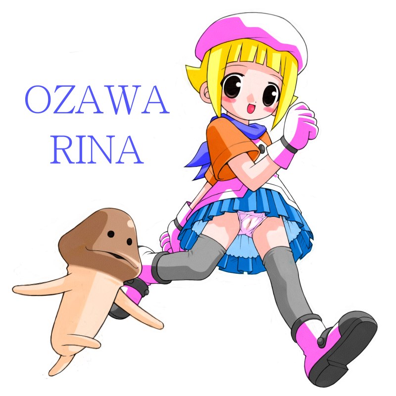 1girl, bandana, beret, black_eyes, blonde_hair, blue_bandana, blue_skirt, blush