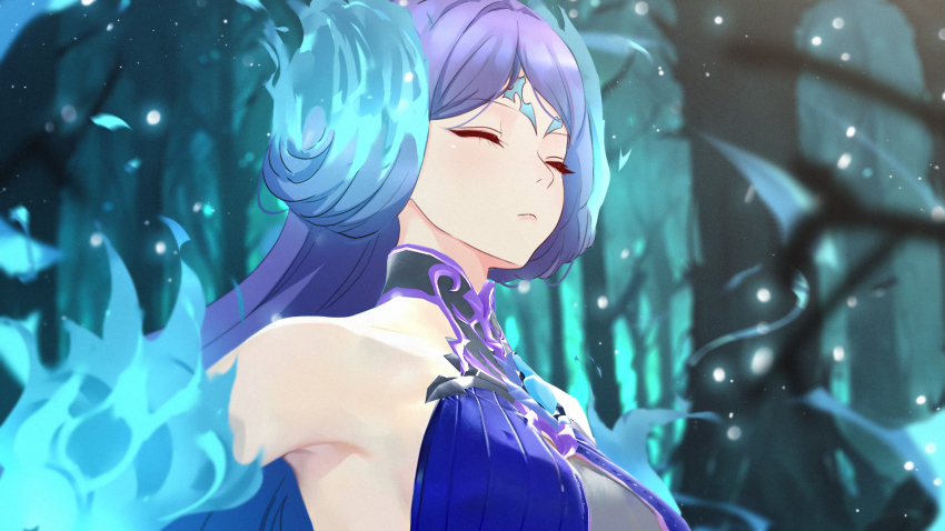 1girl, armpit_peek, bare_shoulders, blue_fire, blue_hair, blurry, blurry_background, brighid_(xenoblade)