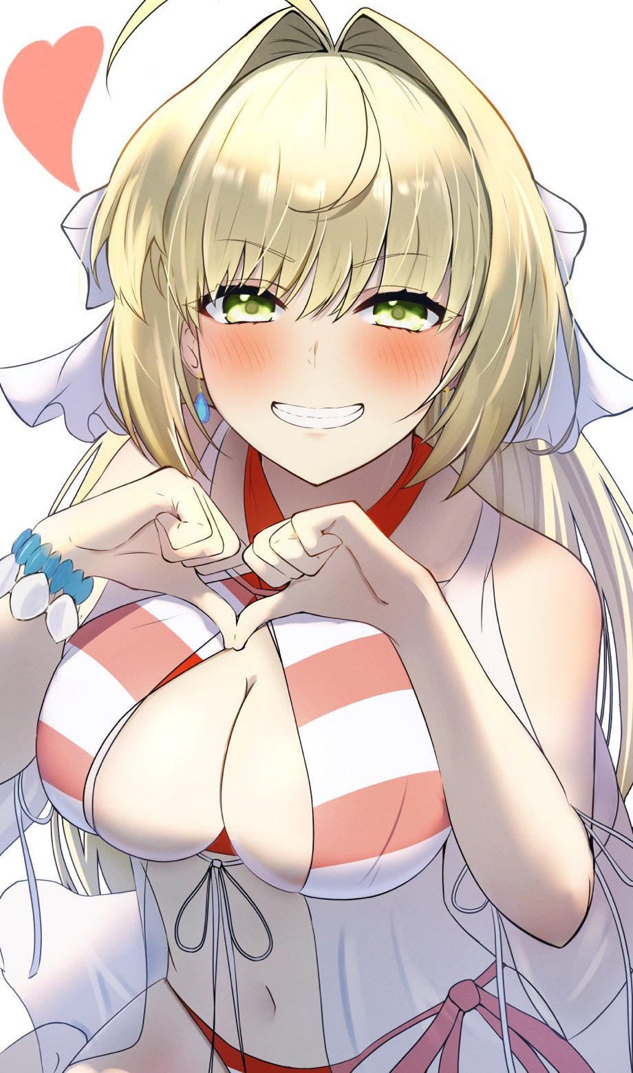 1girl, ahoge, bead_bracelet, beads, bikini, blonde_hair, blush, bracelet