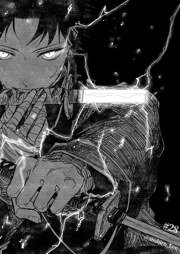 aoshiro_(aoshiro_bee), bandaged_hand, bandages, black_background, black_jacket, broken, broken_sword, broken_weapon, electricity, electrokinesis, glowing, glowing_eyes, holding, holding_sword, holding_weapon, jacket, kagurabachi, katana, monochrome, mouth_hold, rokuhira_chihiro, scar, scar_on_face, sword, twitter_username, weapon