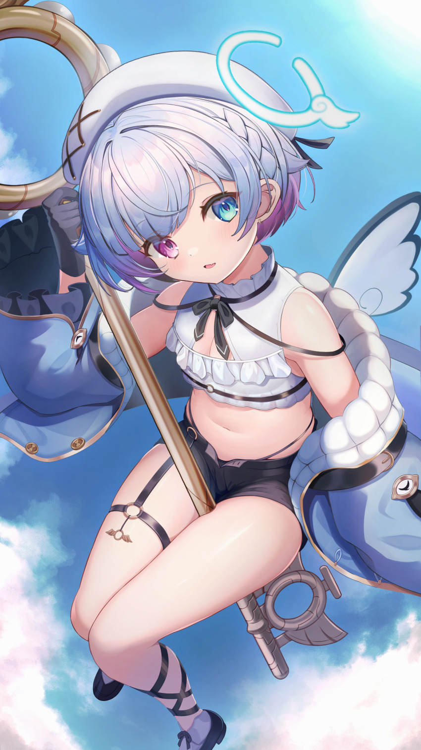 1girl, absurdres, amemiya_nazuna, amemiya_nazuna_(1st_costume), angel, angel_wings, anichika, bare_shoulders