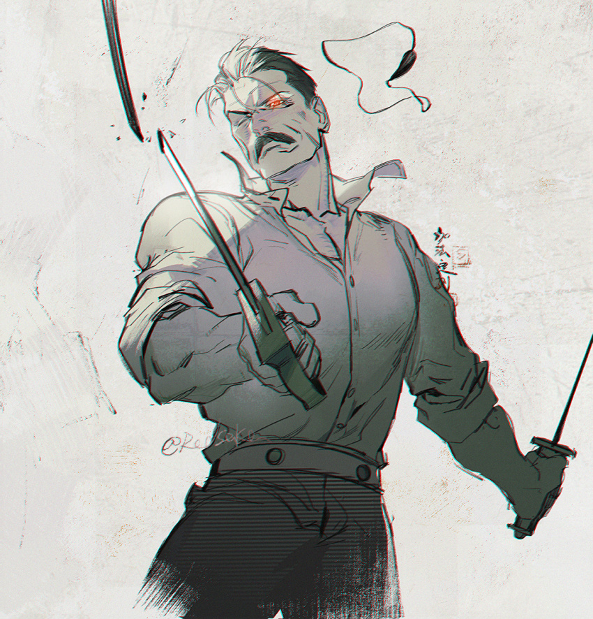 1boy, amestris_military_uniform, belt, broken, broken_sword, broken_weapon, collared_shirt, cowboy_shot, dress_shirt, dual_wielding, eyepatch, facial_hair, fullmetal_alchemist, furrowed_brow, glowing, glowing_eyes, hair_slicked_back, highres, holding, holding_sword, holding_weapon, king_bradley, looking_at_viewer, male_focus, monochrome, mustache, red_eyes, redsakaone, shirt, short_hair, sketch, sleeves_rolled_up, solo, spoilers, spot_color, sword, symbol-shaped_pupils, twitter_username, unworn_eyepatch, weapon, wrath_(fma), wrinkled_skin
