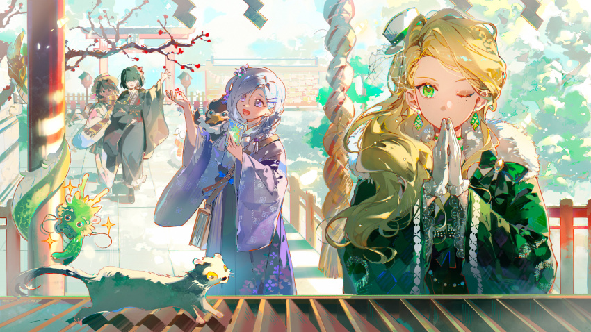 4girls, animal, black_hair, blonde_hair, brown_hair, cassandra_vole, chinese_zodiac, commentary_request