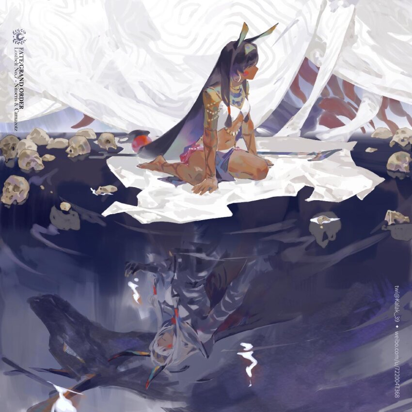 1boy, 1girl, ancient_egyptian, ancient_egyptian_clothes, animal_ears, camazotz_(fate), cape, dark-skinned_female