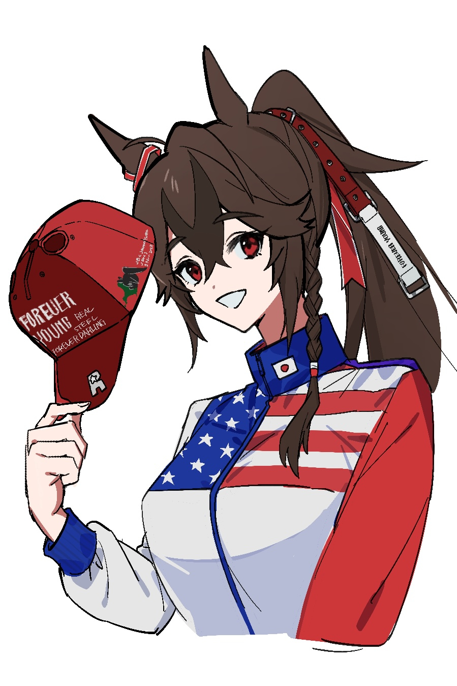 1girl, american_flag, american_flag_jacket, american_flag_print, braid, brown_hair, clothes_writing, collared_jacket
