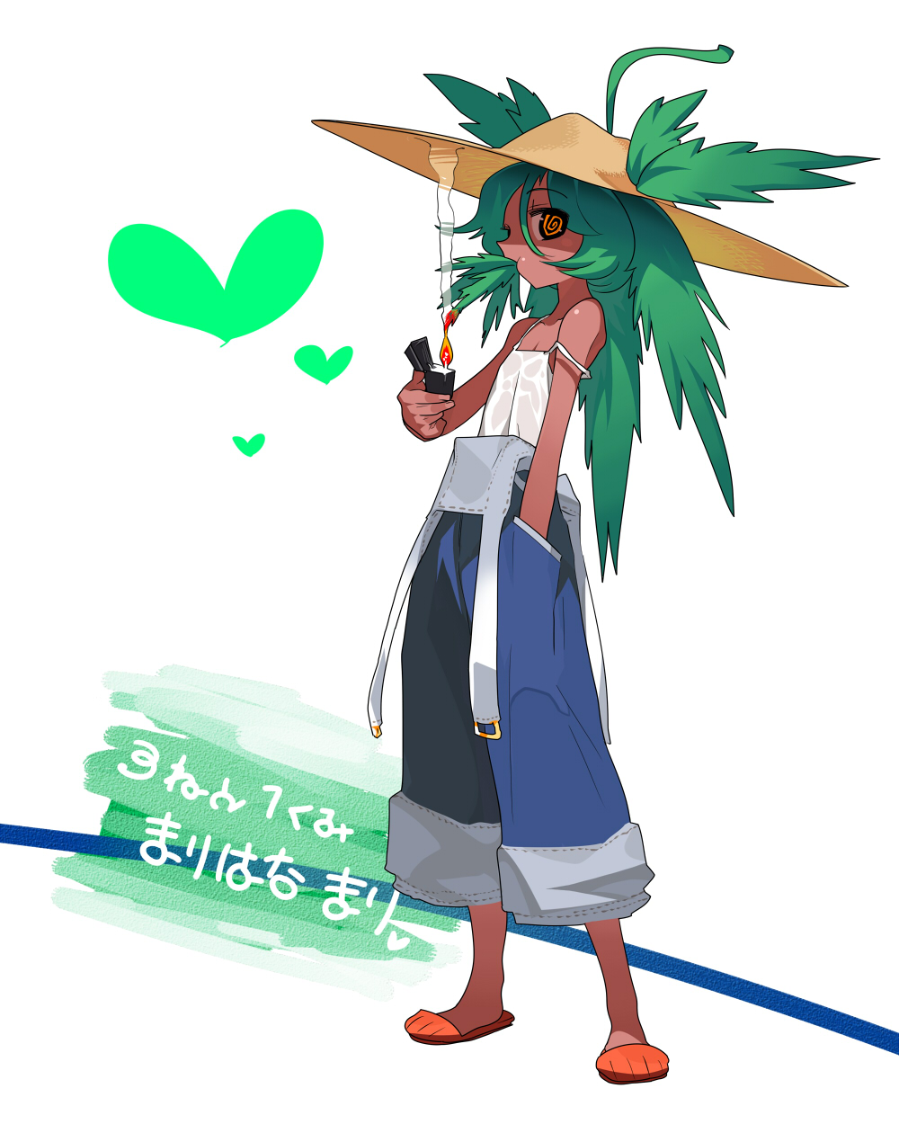 1girl, bad_id, bad_pixiv_id, camisole, dark-skinned_female, dark_skin, drugs, female_focus, green_hair, hat, highres, lighter, marijuana, overalls, personification, slippers, smoking, solo, straw_hat, translated, tsuru_(clainman)