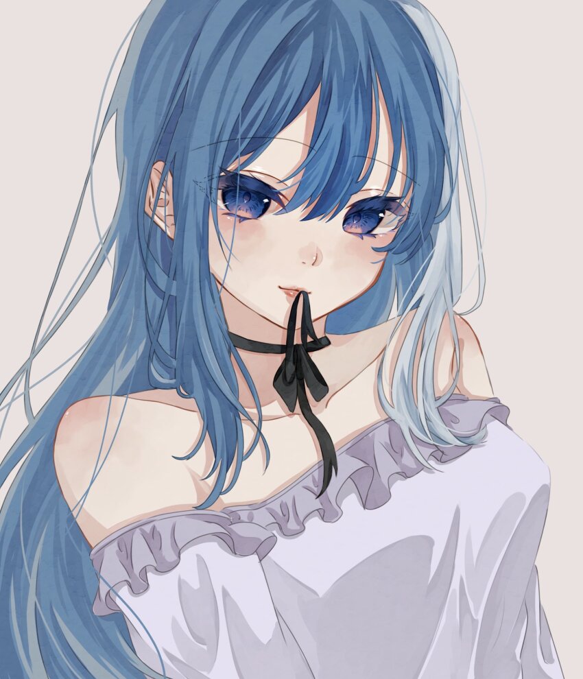 bare_shoulders, blue_eyes, blue_hair, blush, breasts, dress, highres, kotuy_ouk, light_blush, long_hair, looking_at_viewer, medium_breasts, mouth_hold, multicolored_hair, off_shoulder, ribbon, simple_background, sleeveless, sleeveless_dress, streaked_hair, white_dress, yozakura-san_chi_no_daisakusen, yozakura_mutsumi