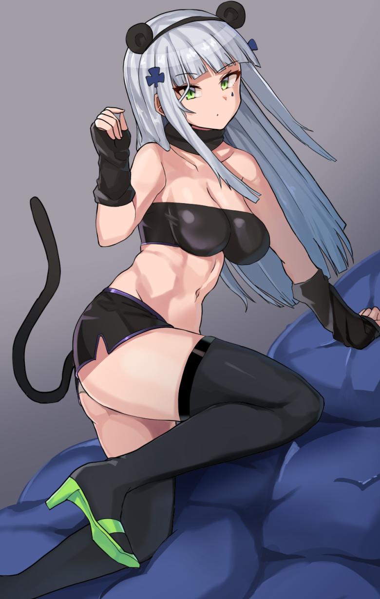 1girl, animal_ears, armpit_crease, ass, bandeau, bare_shoulders, black_bandeau, black_gloves, black_shorts, black_thighhighs, blue_cross, blunt_bangs, breasts, cat_ears, cat_tail, cleavage, clenched_hand, collarbone, commentary, cross_hair_ornament, cushion, english_commentary, facial_mark, fake_animal_ears, fake_tail, fingerless_gloves, foot_out_of_frame, from_side, girls'_frontline, gloves, green_eyes, green_footwear, grey_hair, hair_ornament, hair_over_shoulder, hand_up, head_tilt, high_heels, highres, hk416_(girls'_frontline), justeeeeth, knee_up, leaning, leaning_forward, long_hair, medium_breasts, navel, panties, parted_bangs, pillow, short_shorts, shorts, sidelocks, solo, tail, tattoo, teardrop, teardrop_facial_mark, teardrop_tattoo, thighhighs, thighs, underwear, white_hair