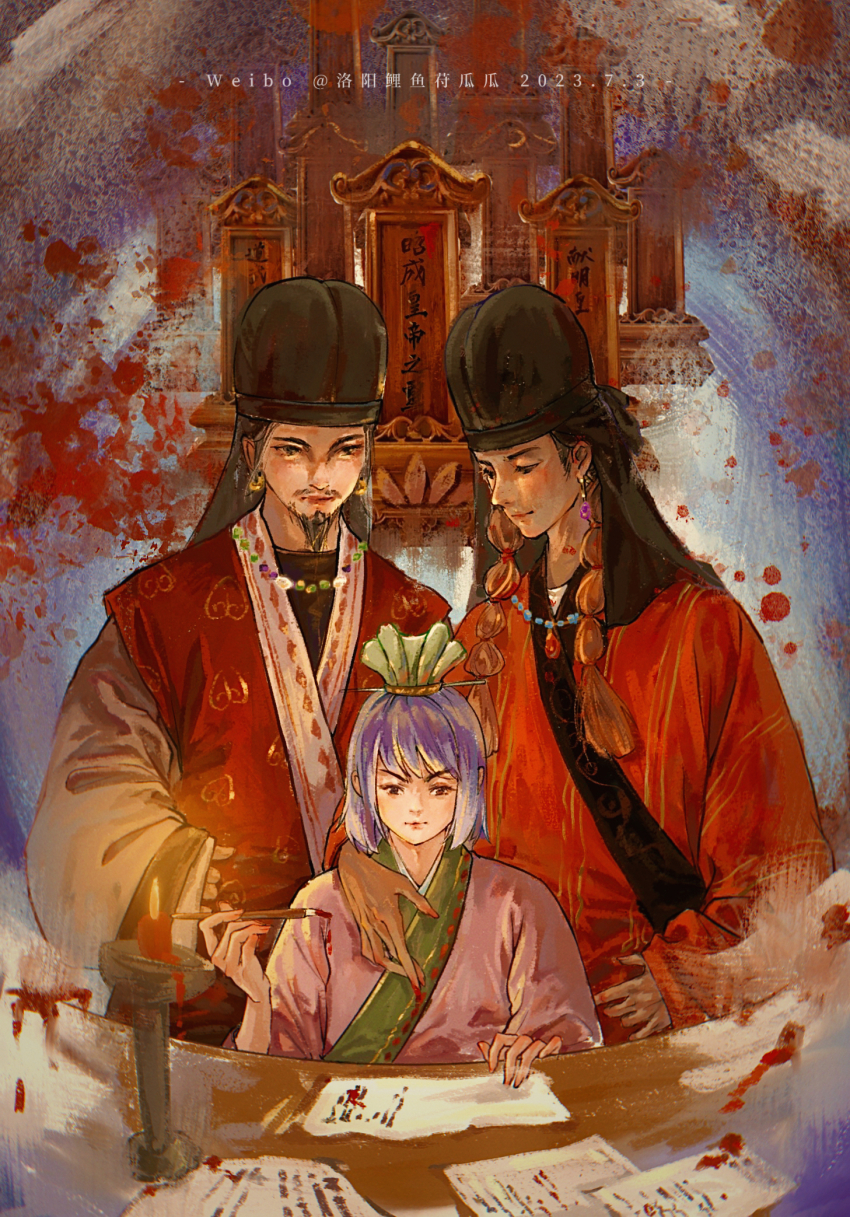 3boys, arm_around_shoulder, beads, blood, calligraphy_brush, candle, candlestand, chinese_clothes