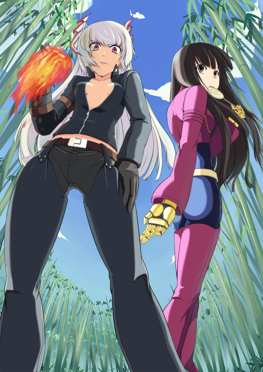 2girls, bad_id, bad_pixiv_id, baiken_(artist), bamboo, belt, black_hair, bow, breasts, brown_eyes, candy, chaps, cleavage, cloud, cosplay, female_focus, fire, flaming_hand, food, from_below, fujiwara_no_mokou, gloves, hair_bow, highres, houraisan_kaguya, k'_(cosplay), k'_(kof), kula_diamond, kula_diamond_(cosplay), leather, lollipop, long_hair, medium_breasts, moss_(sphere211), multiple_girls, open_clothes, open_shirt, power_connection, red_eyes, shirt, snk, swirl_lollipop, the_king_of_fighters, touhou, unzipped, white_hair