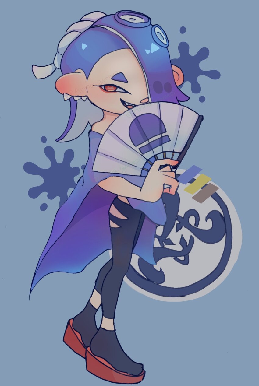 1girl, anna_gomesi, black_pants, black_socks, blue_background, blue_hair, cephalopod_eyes, commentary_request