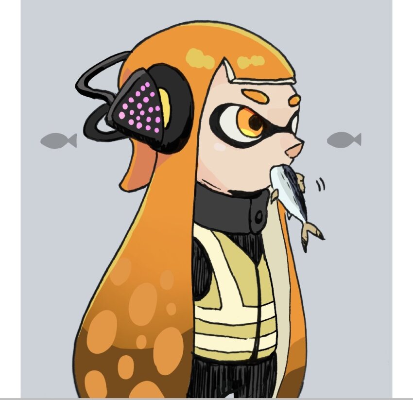 1girl, agent_3_(splatoon), anna_gomesi, fish, food_in_mouth, grey_background, high-visibility_clothing, high-visibility_vest, inkling, inkling_girl, inkling_player_character, long_hair, looking_ahead, nintendo, orange_eyes, orange_hair, pillarboxed, simple_background, solo, splatoon_(series), standing, tentacle_hair, thick_eyebrows